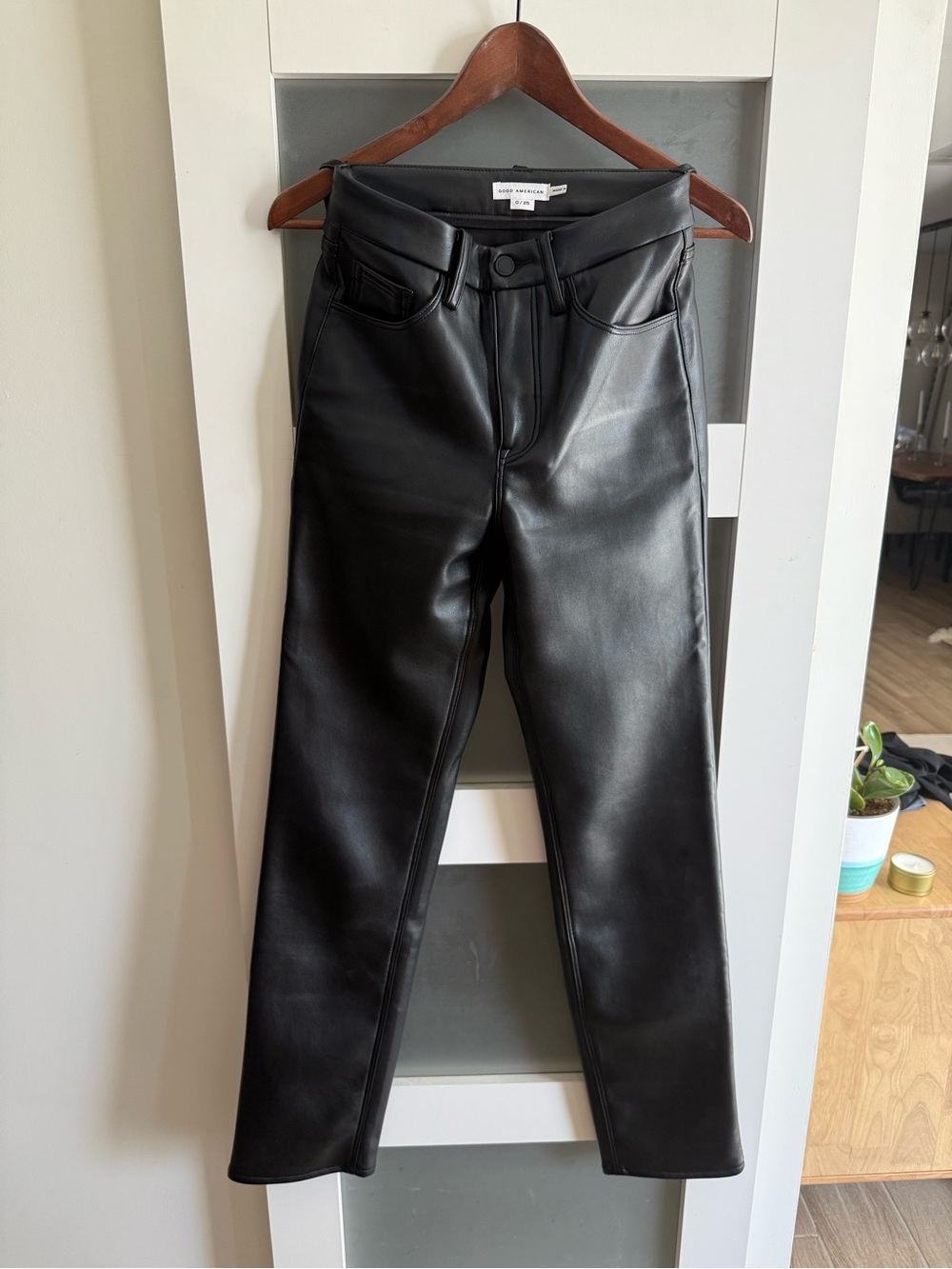 Good American Black Vegan Leather Straight-Leg Jeans